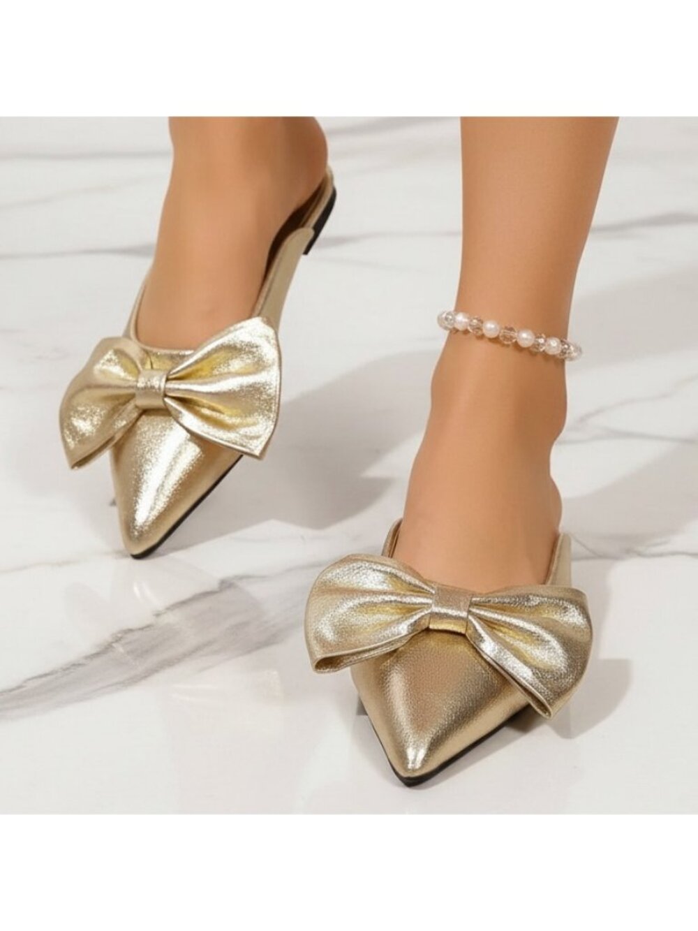 Oversized Bow Pointed Toe Flats Vegan Faux Leather Mules Open Back Slip-On Shoes